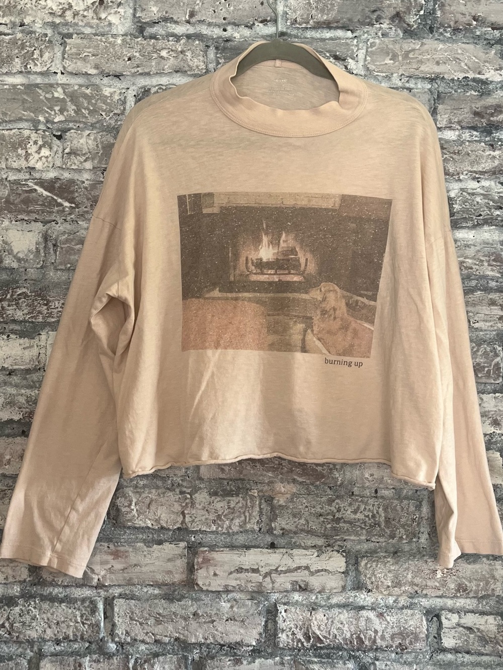 Cozy Graphic Burning Up so Soft Crewneck by Aerie American Eagle beige color
